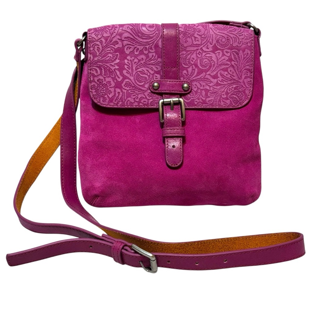 Most Wanted crossbody bag fuchsia pink suede floral embossed purse